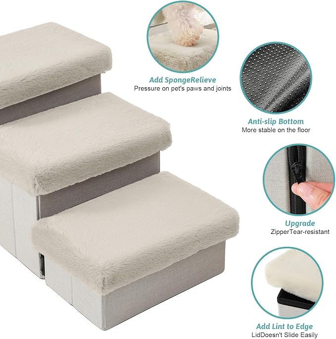 Dog Stairs for Small Dogs with Storage and Condo, 14" H Foldable Pet Stairs for Small Medium or Puppy Dogs and Older Cats, Dog Steps for Bed or Couch, 13x27x14 inch, 3 Tiers, Beige-PawvioPets