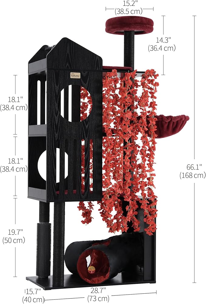 FourFurPets Gothic Cat Tree, 67" Cat Tower for Indoor Cats, Maine Coon Cat Tree for Large Cats 20 lbs+ with Extra-Large Padded Platform, Sisal-Covered Scratching Posts, Comfy Basket, Black & Red-PawvioPets