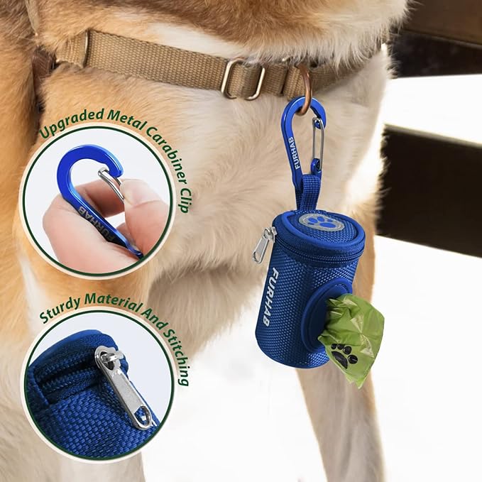 Dog Poop Bag Holder for Leash Doggie Waste Bag Dispenser Soft Fabric Puppy Potty Carrier Small Doggy Zipper Pouch with Carabiner Clip 1680D Nylon Oxford with 1 Roll of Pet Trash Bag, Royal Blue-PawvioPets