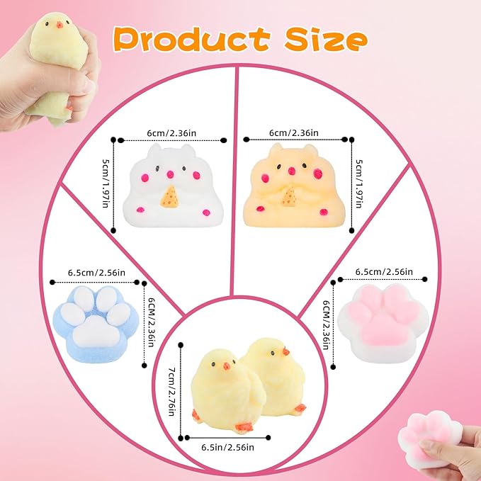 6 Pcs Taba Squishy , Kit Squeeze Toy ,Include Squishies( 2 Cat Paws & 2 Chick,2 Hamster), Soft Stress Relief Squeeze Toy,tress Relief Sensory Toy-PawvioPets