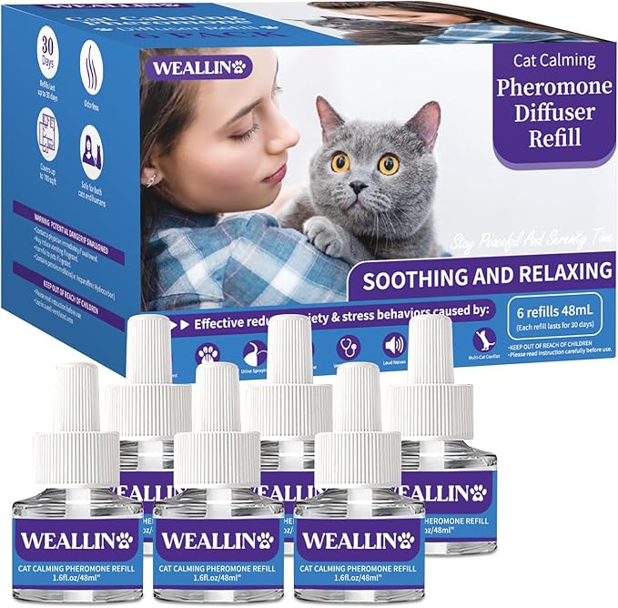 6 Pack Cat Calming Diffuser Refills - Cat Pheromones Calming Diffuser Refill Relieve Anxiety & Stress 6 Month Supply, Cat Pheromone Diffuser Refills (Fits All Common Diffuser Heads)-PawvioPets
