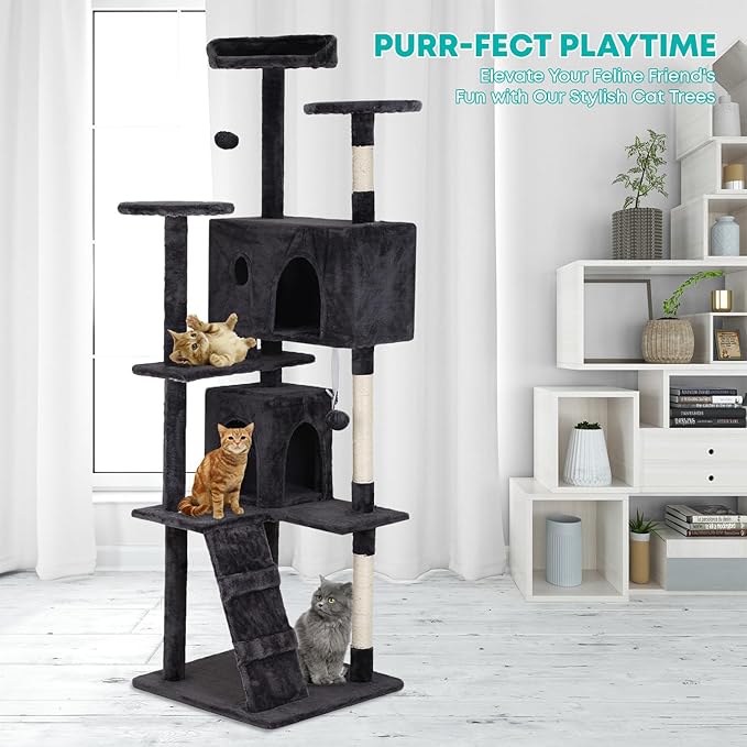 FDW Cat Tree 70in Cat Tower Multi-Level Durable Cat Scratching Post & Cozy Fun Cat Jumping Platform Space Saving Cat Condo Pet Play House for Indoor Cats,Dark Gray-PawvioPets
