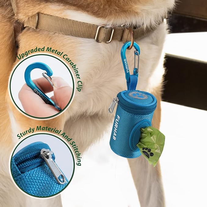 Dog Poop Bag Holder for Leash Doggie Waste Bag Dispenser Soft Fabric Puppy Potty Carrier Small Doggy Zipper Pouch with Carabiner Clip 1680D Nylon Oxford with 1 Roll of Pet Trash Bags, Sky Blue-PawvioPets