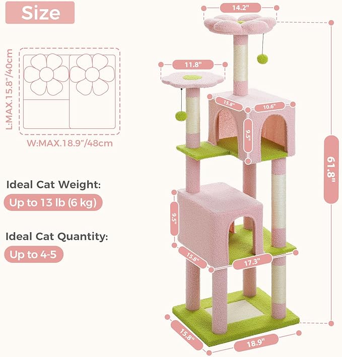 Flower Cat Tree, 62-Inch Tall Multi-Level Cat Tower with Scratching Posts for Large Indoor Cats, Plush Bed w/Padded Perches, Scratching Pad & 2 Green Pompoms, Pink-PawvioPets