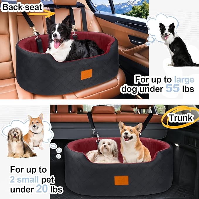 Dog Car Seat for Medium Dogs Up to 50 lbs, Pet Booster Seat for Cars SUVs and Trucks, Travel Dog Bed with Safety Strap, Thick Cushion, Non-Slip Base, Washable and Portable(Black/Red-PawvioPets