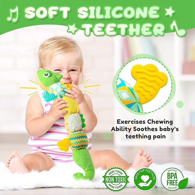 Baby Toys 0-6-12 Months, Musical Stuffed Animal Activity Soft Toys with Multi-Sensory Crinkle,Rattles and Textures,Infant Tummy Time Toys for Newborn Boys Girls,Dinosaur,Green-PawvioPets