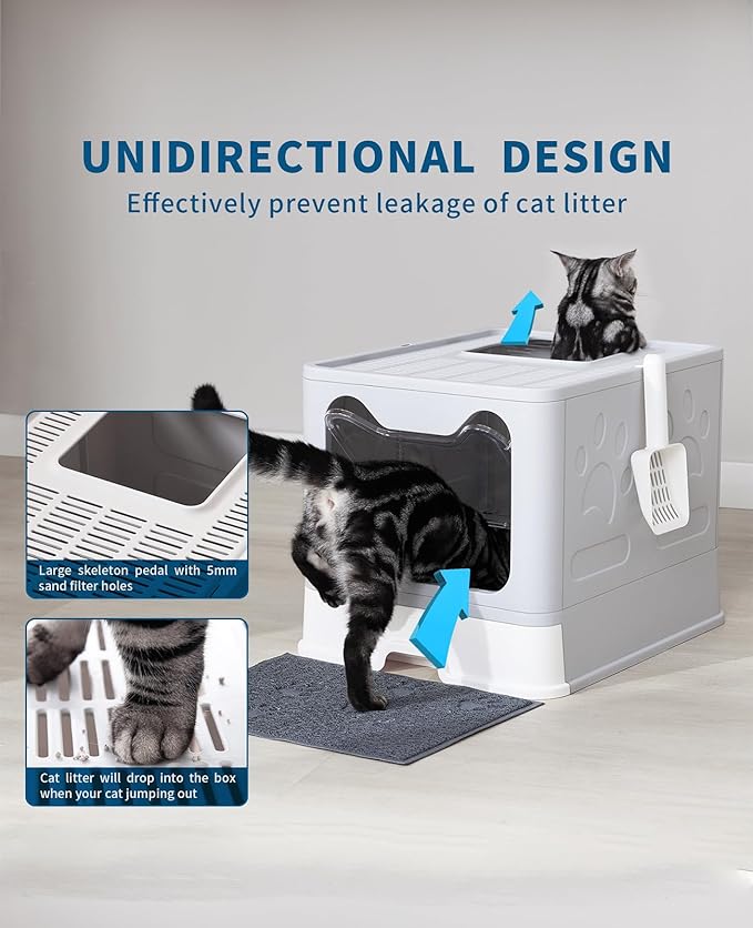 Cat Litter Box with Litter Mat and Scoop, Large Foldable Litter Box with Lid, Front Entry Top Exit Kitty Box, Odor Control, Easy to Clean (Grey)-PawvioPets