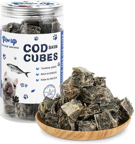 Cod Skin Cubes Dog Treat, Chew Fish Skins Rolls w/Taurine, One-Ingredient Grain Free Healthy Dog Treat, Rich in Omega3, 8 oz-PawvioPets