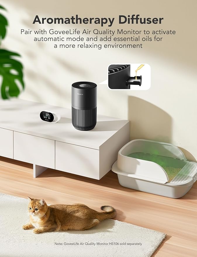 GoveeLife Mini Air Purifier for Bedroom, Smart Filter Air Purifier with App Alexa Control for Pet Hair, Odors, Pollen, Smoke, Portable Air Cleaner with 3 Speeds, 2 Modes, Timer, Aroma for Home-PawvioPets