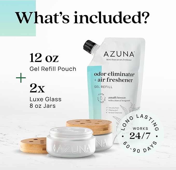 Azuna Air Freshener & Odor Eliminator for Strong Odor | 2 Room Kit Includes (2) 8 oz. Empty Luxe Glass Jars & 12 oz | Refill with Tea Tree Essential Oil Gel | Amalfi Breeze | Last 60-90 Days-PawvioPets