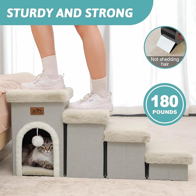 Dog Stairs for Small Dogs with Storage and Condo, 17.5" H Foldable Pet Stairs for Small Medium or Puppy Dogs and Older Cats, Dog Steps for Bed or Couch, 13x35x17.5 inch, 4 Tiers, Beige-PawvioPets