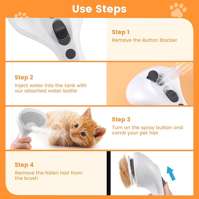 3 in 1 Cat Steam Brush for Cats & Dogs, Pet Spray Hair Removal Comb for Shedding & Grooming, Rechargeable Water Brush for Long & Short Haired Pets with Release Button(White)-PawvioPets