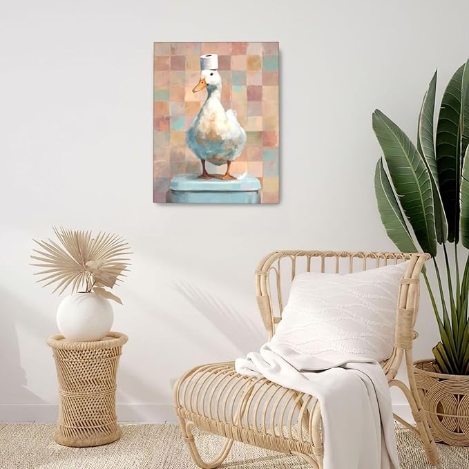 Funny Duck Bathroom Wall Art Cute Duck on Toilet Canvas Wall Decor Funny Quirky Farm Animal Pictures Painting Print Framed Artwork Decorations Gifts for Bathroom 16"x20"-PawvioPets