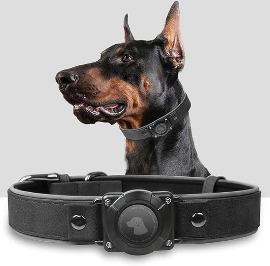 AirTag Dog Collar - Leather Dog Collar with Air Tag Holder | IPX8 Waterproof, Reflective, High - End, Adjustable Soft Padded | Dog GPS Tracker Collars Fit for Medium Large Dogs (Black, M)-PawvioPets