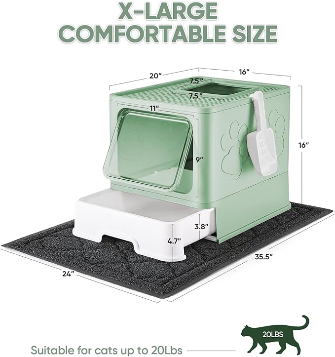 Cat Litter Box with X-Large Litter Mat and Scoop, Large Foldable Litter Box with Lid, Enclosed Kitty Box,Front Top Entry Exit, Odor Control Easy to Clean (Upgrade Green)-PawvioPets