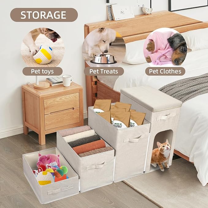 Dog Stairs with Storage, Folding Pet Steps with Zip for Small Dogs and Cats, 4-Step Pet Stairs with Pet House for High Bed, Couch and Car Ramp, Up to 200 Lbs (Beige, 4 Steps with Condo)-PawvioPets