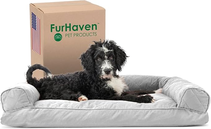 Furhaven Pillow Dog Bed for Large/Medium Dogs w/ Removable Bolsters & Washable Cover - Quilted Sofa - Silver Gray, Large-PawvioPets