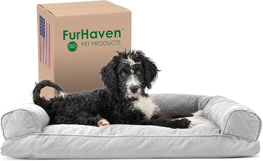Furhaven Pillow Dog Bed for Large/Medium Dogs w/ Removable Bolsters & Washable Cover - Quilted Sofa - Silver Gray, Large-PawvioPets
