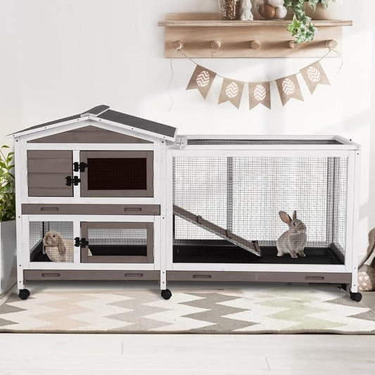 2-Story Indoor Rabbit Hutch with Chew-Proof Outdoor Rabbit Cage with 6 Locking Casters Bunny Cage 2 Pull-Out Trays Guinea Pigs Cage 62" Brown-PawvioPets