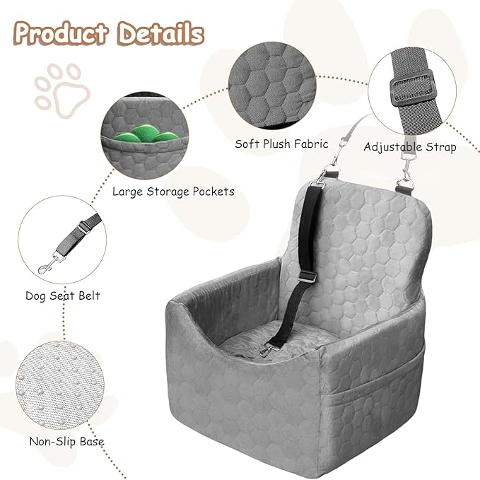 Dog Car Seat for Small/Medium Dogs - Dog Booster Seat with Safety Straps & Non-Slip Base, Travel Pet Car Seat with Storage Pockets, Washable & Removable, Suitable for Dogs Under 35 lbs (Gray)-PawvioPets