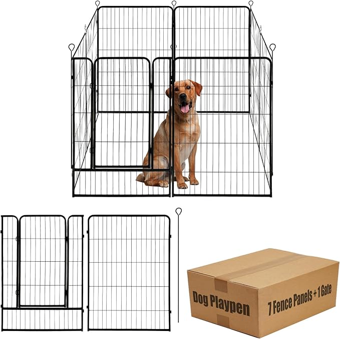 Dog Playpen,24 32 40 48 in(H) Pet Fence Outdoor for Rv Camping,Garden Fence Large Animal Barrie for Yard,11Ft(L)-56Ft(L) Black Metal Temporary Fencing-PawvioPets