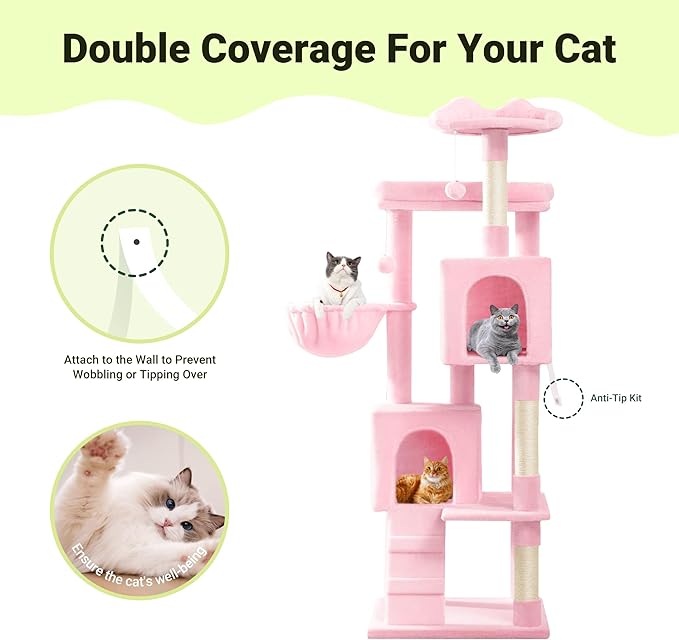 Allewie 64 Inches Cat Tree Tower/Multi-Level Activity Center for Indoor Big Felines/2 Plush Condos/2 Perchs/Basket/House/Sisal Scratching Posts/Hanging Cat Toys/Pink-PawvioPets