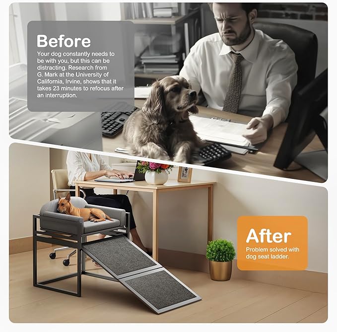 Dog Ramp Doggie Stairs with Seat Mate,Puppy Chair Get on High Bed Couch Office Window Perch,Non Slip Dachshunds Foldable Ladder,Pet Doggy Step for Small Old Dogs,Chihuahua Cat Platform Grey-PawvioPets