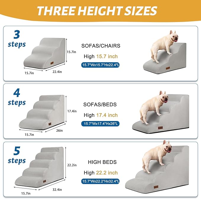 5-Step Dog Stairs and Ramp for High Bed, Non-Slip Sturdy Pet Steps for Small Dogs and Cats,22.2" H,Light Grey-PawvioPets