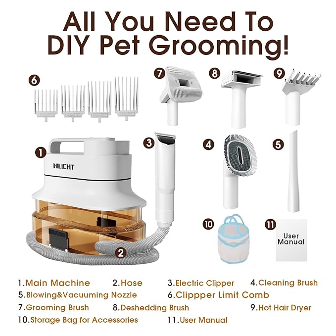 Dog Grooming Kit, Dog Hair Vacuum with Nail Clipper and 4L Dust Cup, 6 Pet Grooming Tools, Silent Pet Vacuum for Cats, Dogs and Other Animals-PawvioPets