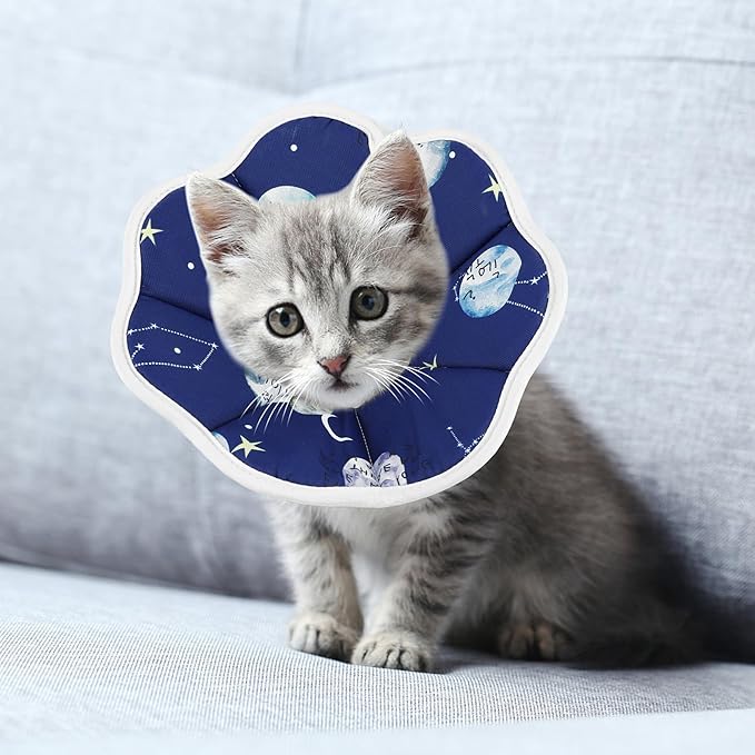 Cobee Soft Cat Cone Collar, Protective Cute Small Cat Recovery Collar Adjustable Fasteners Collars for Kittens Cats E-Collars After Surgery Wound Healing, Fit 6.3"-9" Neck Circumference(Constellation)-PawvioPets