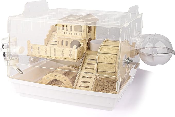 Cycodo 8 in 1 Acrylic Hamster Cage,2-Tier Dwarf Hamster Cage with Wooden Wheel & Hideout,Small Hamster Habitat with Accessories,Clear Pet Mice House(White,14" L*10" W*11" H)-PawvioPets