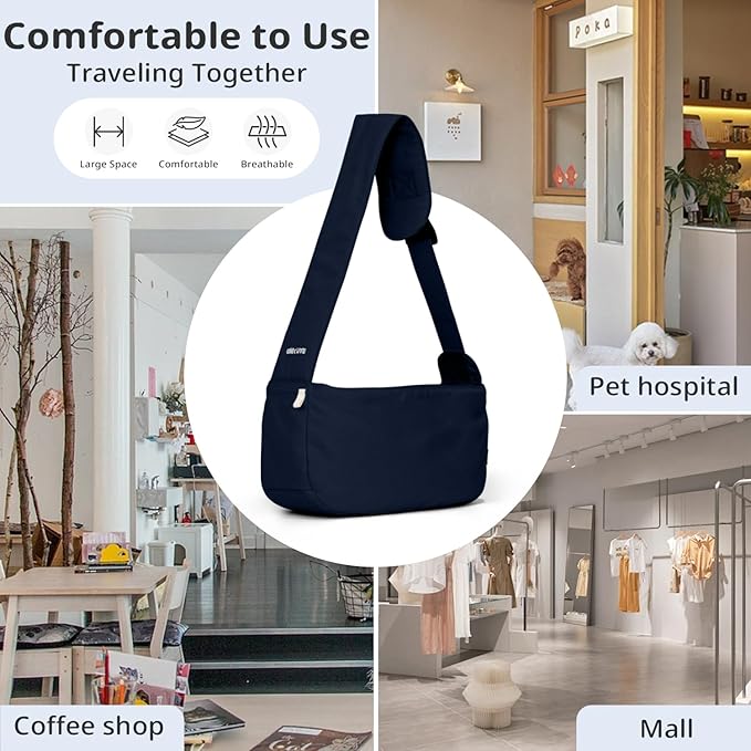 Dog Sling Carrier for Small Dogs and Cats, Lightweight Collapsible Pet Travel Bag with Adjustable Strap, Side Pockets & Breathable Mesh (Navy Blue, 15.7" L x 5.9" W x 8.6" H)-PawvioPets