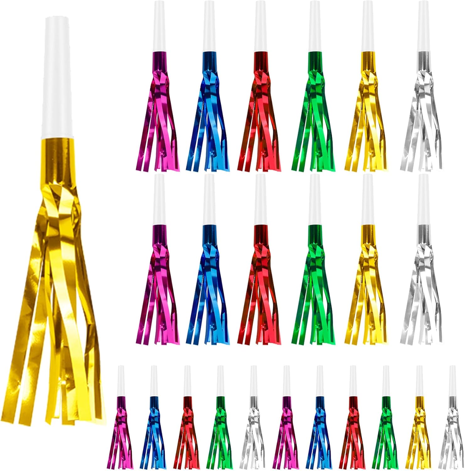 Party Blowers, 24 PCS New Years Noise Makers, Glitter Metallic Fringed Party Blowouts for Kids Birthday Graduations, Colorful Blow Horns Whistles for Christmas Weddings Family Sporting Events Supplies