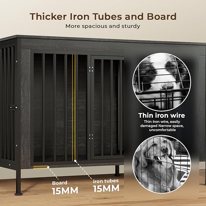 78 Inch Dog Cage Furniture for 2 Large/Medium Dogs with Removable Divider, Extra Large Double Doors Dog Kennel, XXL Thick Wooden Dog cage Furniture, Durable and Sturdy, Dark Grey-PawvioPets