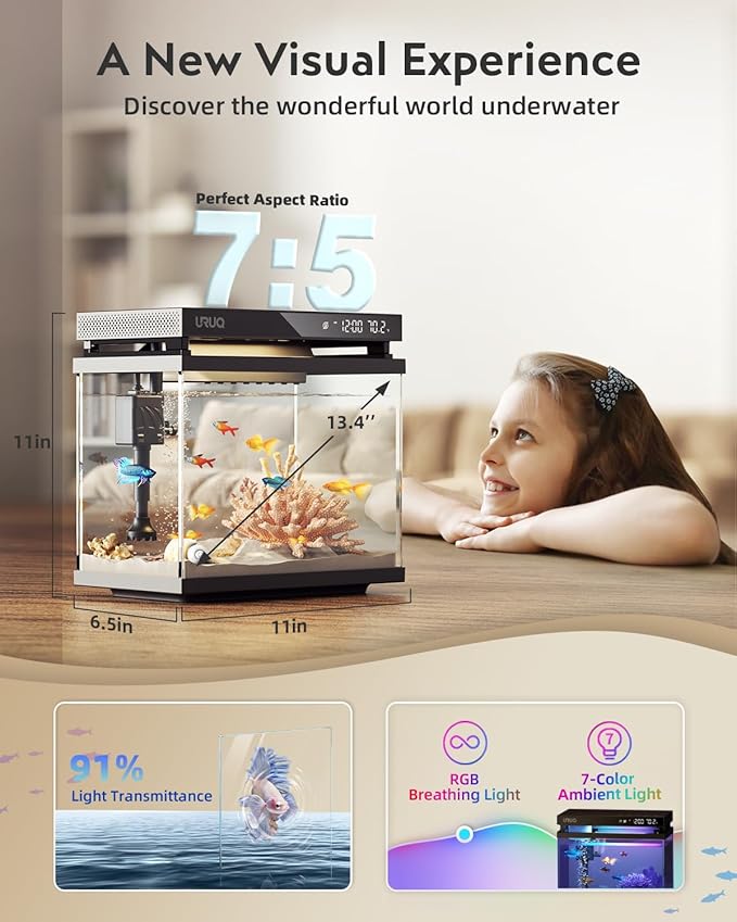 Fish Tank Smart Aquarium Kit: 2 Gallon UHD Glass Silent Water Pump Self Cleaning Multi-layer Filtration System - Temperature Sensing 7-color Lighting for Small Fish Betta Kids Room Desktop Decor Black-PawvioPets