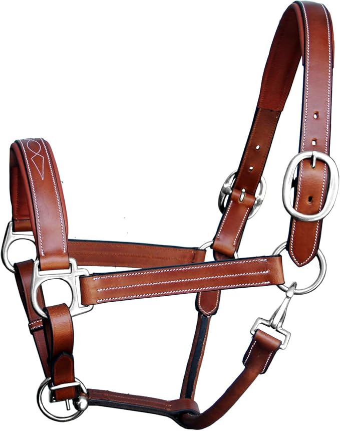 Exion Leather Horse Halter with Fancy Stitching | Black & Brown Padded Halter with Silver Brass Hardware | Quick-Release Snap | Adjustable Leather Halter – Cob, Full, Over, Pony Sizes-PawvioPets