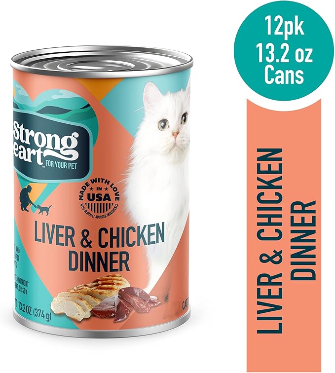 A Strong Heart Canned Wet Cat Food, Liver & Chicken Dinner - 13.2 oz Cans (Pack of 12), Made in The USA with Real Chicken & Liver-PawvioPets
