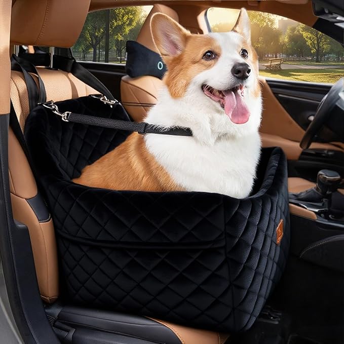 Dog Car Seats for Small Dogs, FurFrolic Memory Foam Dog Booster Seat for Small/Medium Dogs up to 35 lbs, Travel Pet Car Seat with Washable Detachable Cover, Storage Pockets, 2 Safety Belts (Black)-PawvioPets