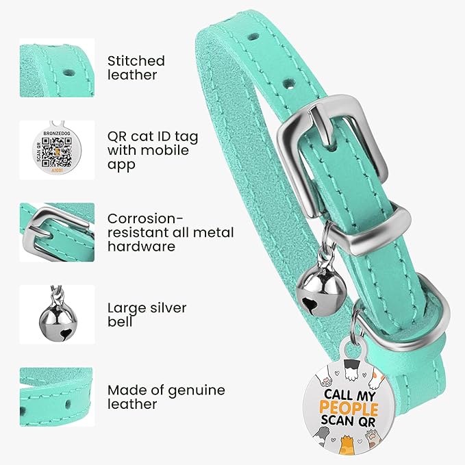 BRONZEDOG Leather Cat Collar with Removable Bells Non Breakaway Kitten QR Tag for Girl Boy (7" - 9" for Cats, Turquoise & Silver)-PawvioPets