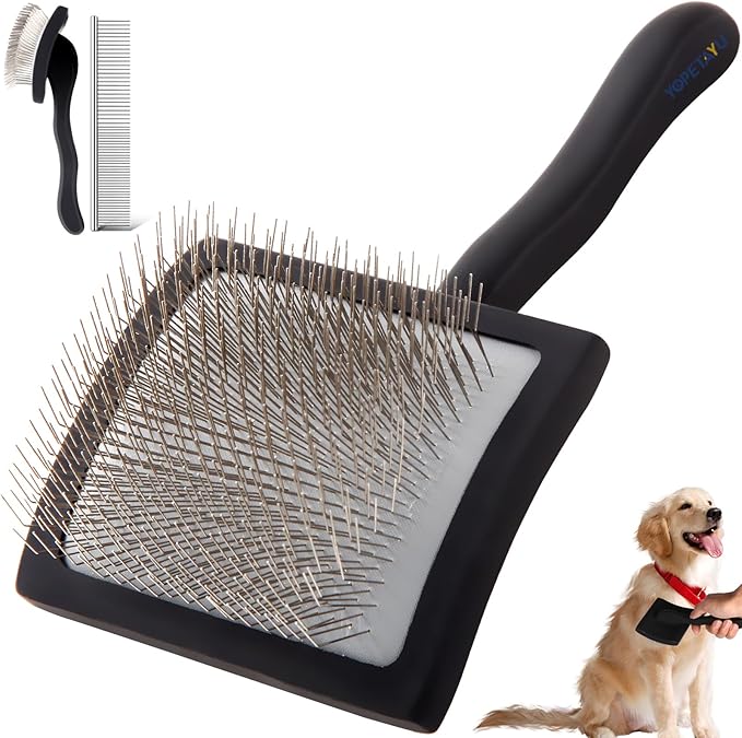 Dog Slicker Brush for Shedding and Grooming Medium or Long Haired Cats, Extra Long & Soft Pin Slicker Brush for Removes Loose Hair, Tangles, Knots, Undercoat, Free Pet Comb, Large Black-PawvioPets