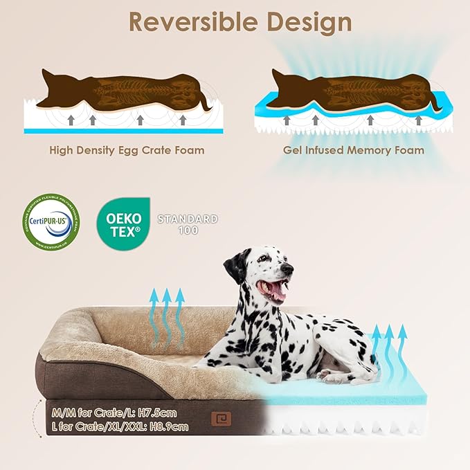 EHEYCIGA Memory Foam XL Dog Bed for XLarge Sized, Extra Large Orthopedic Dog Sofa with Sides and Waterproof Liner, Washable Bolster Pet Bed Couch with Removable Cover, 42x30x7.5 Inch, Brown-PawvioPets