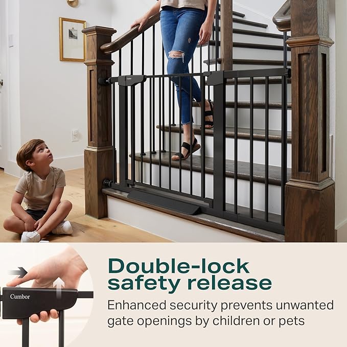 Cumbor 2 Pack 29.7-46" Baby Gate for Stairs, Mom's Choice Awards Winner-Auto Close Dog Gate for doorways, Easy Install Pressure Mounted Pet Gates indoor, Easy Walk Thru Wide Safety Gate for Dog, Black-PawvioPets