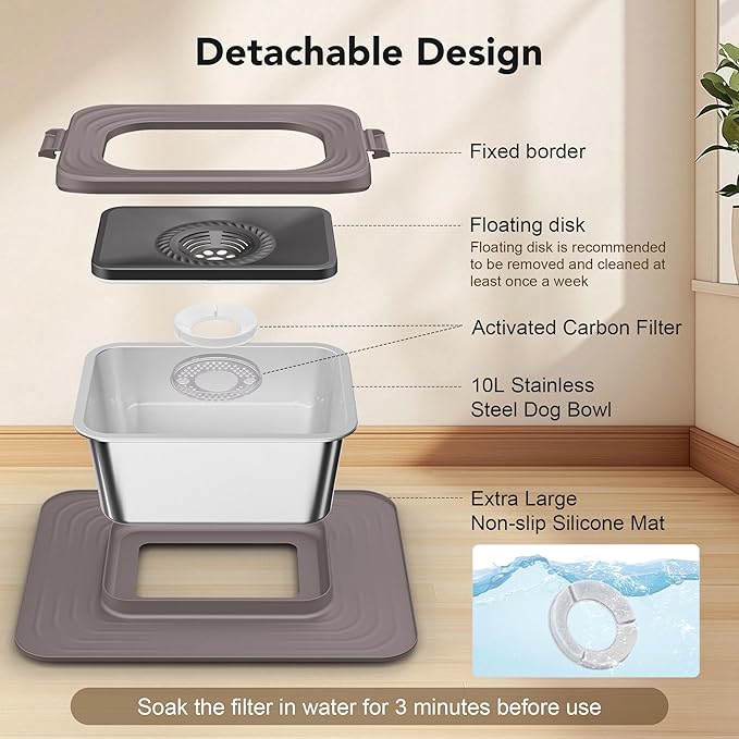 Decflow 10L Stainless Steel Dog Water Bowl, No Spill Anti-Splash Dog Bowls with XXL Silicone Mat, Spill-Proof Slow Feeder for Messy Drinkers, Heavy Duty Pet Bowls for Indoor/Outdoor Use-PawvioPets