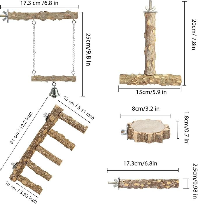 Bird Ladder Perch for Cage, Nature Wooden Bird Bridge Exercise Stands Parrot Climbing Chewing Toys for Small Animal (B)-PawvioPets