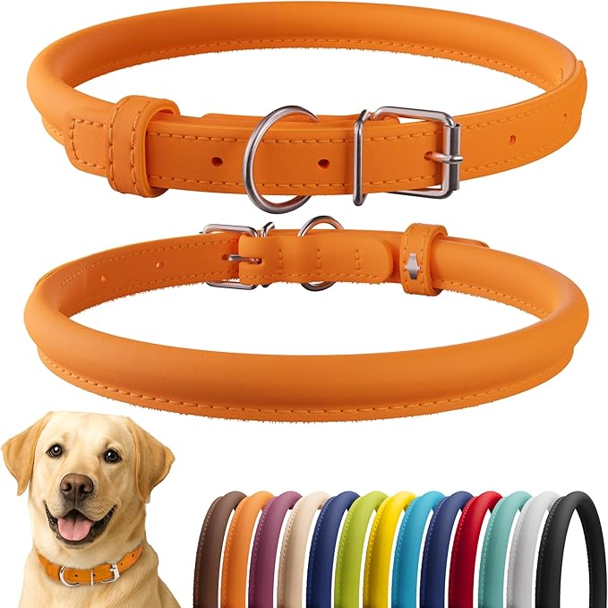 CollarDirect Rolled Leather Dog Collar, Soft Padded Round Puppy Collar, Handmade Genuine Leather Collar Dog Small Large Cat Collars 13 Colors (18-22 Inch, Orange Smooth)-PawvioPets