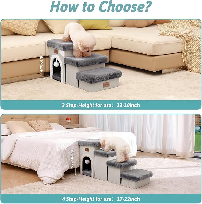 Dog Stairs for Small Dogs with Storage and Condo, 14" H Foldable Pet Stairs for Small Medium or Puppy Dogs and Older Cats, Dog Steps for Bed or Couch, 13x27x14 inch, 3 Tiers, Grey-PawvioPets