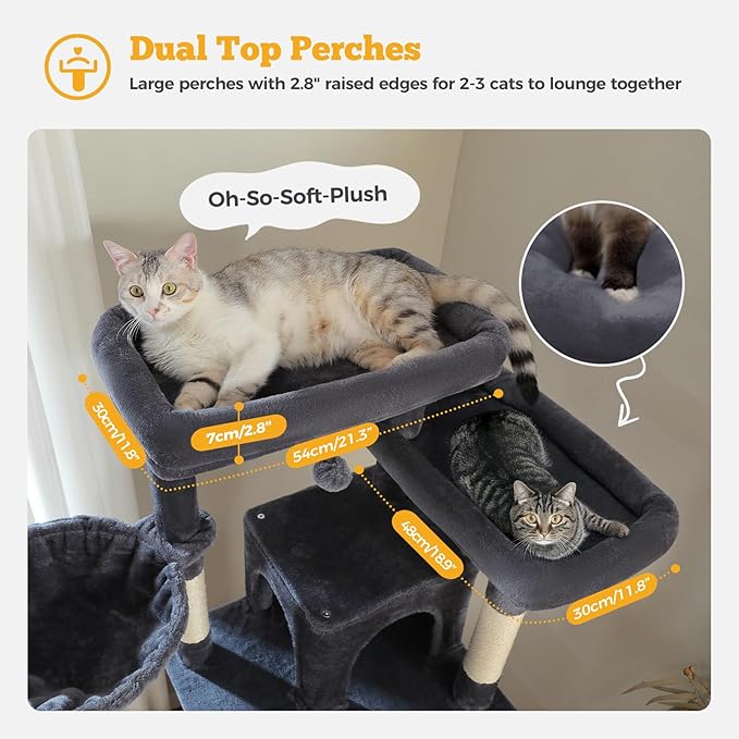81" Heavy Duty Cat Tree for Large Cats up to 20lbs - Extra Tall Cat Tower with Metal Frame Hammock, 6 Sisal Scratching Posts, 2 Perches - Indoor Cat Furniture for Maine Coon, Dark Gray-PawvioPets