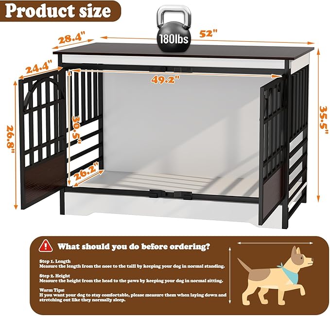 COZPAW 52 Inch Dog Crate Furniture, Extra Large Dog Kennel Indoor for XLarge Breed, Heavy Duty Dog Cage with Double Elegant Arched Doors, Decorate as TV Stand & End Table - White Brown-PawvioPets