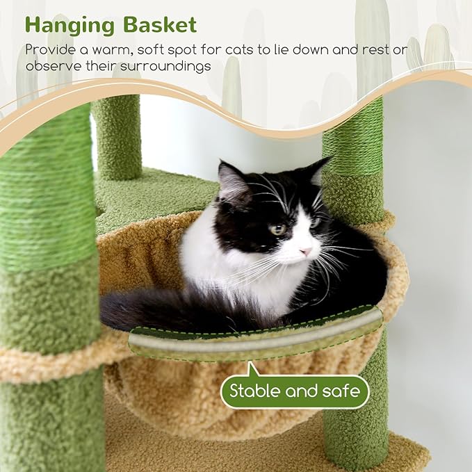 Globlazer Heavy Duty Cactus Cat Tree for Large Cats, Sturdy 72in Maine Coon Cat Tree for Large Cats 20 lbs+ Cactus Cat Tower for Adult Biggest Cats with 6 Scratching Posts, Hammock, S72, Green-PawvioPets