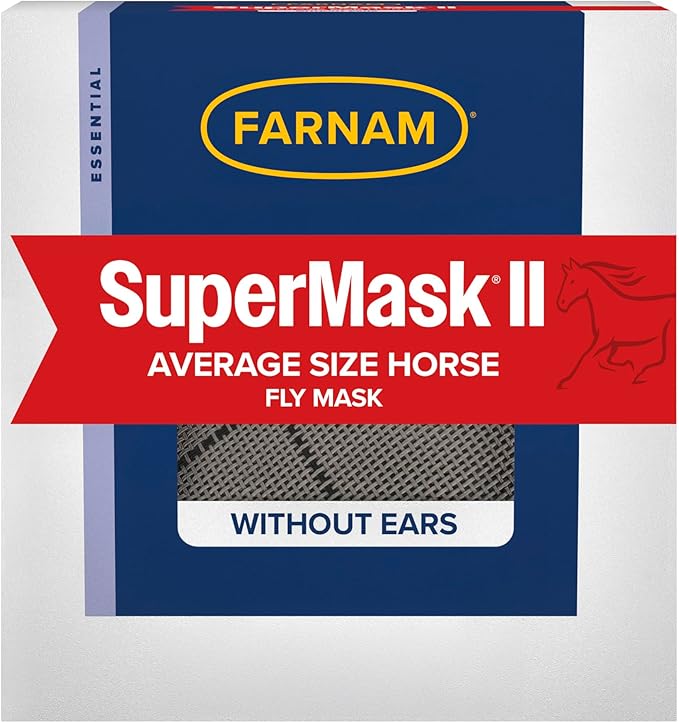 Farnam SuperMask II horse fly mask without ears, extended coverage, protects eyes from insects and debris, adjustable throat latch, Average Horse Size-PawvioPets
